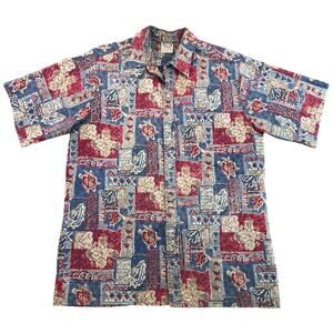 Vintage 90s Go Barefoot Hawaiian Shirt Mens L USA Tapa Tribal Abstract Aloha
